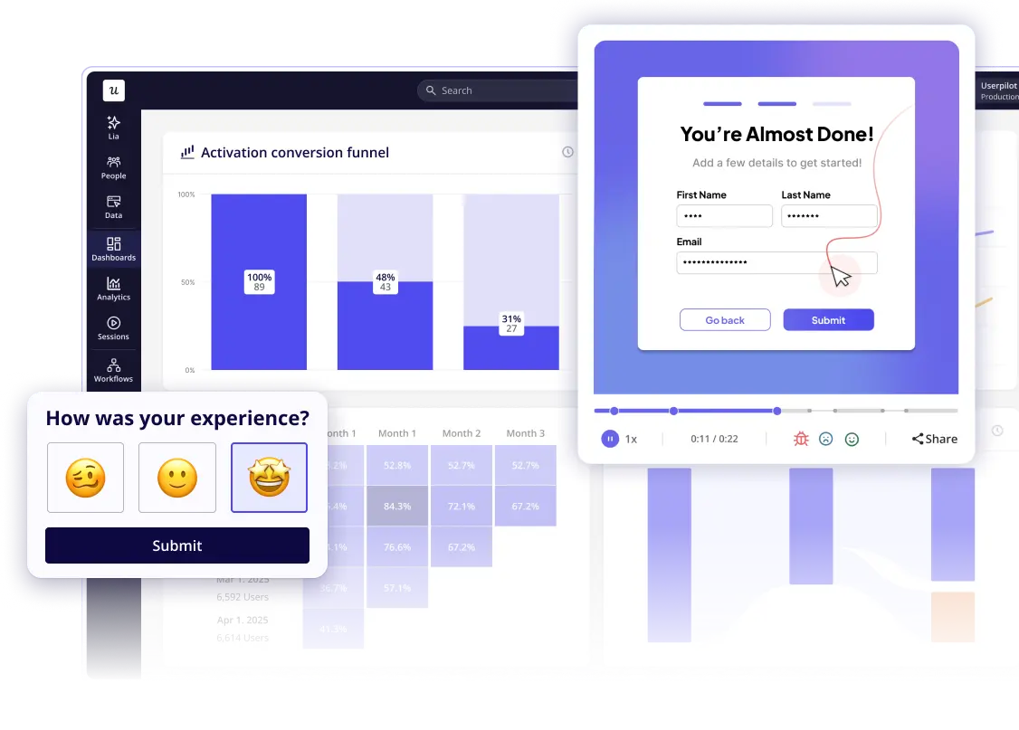 Userpilot analytics, session replay and user feedback preview