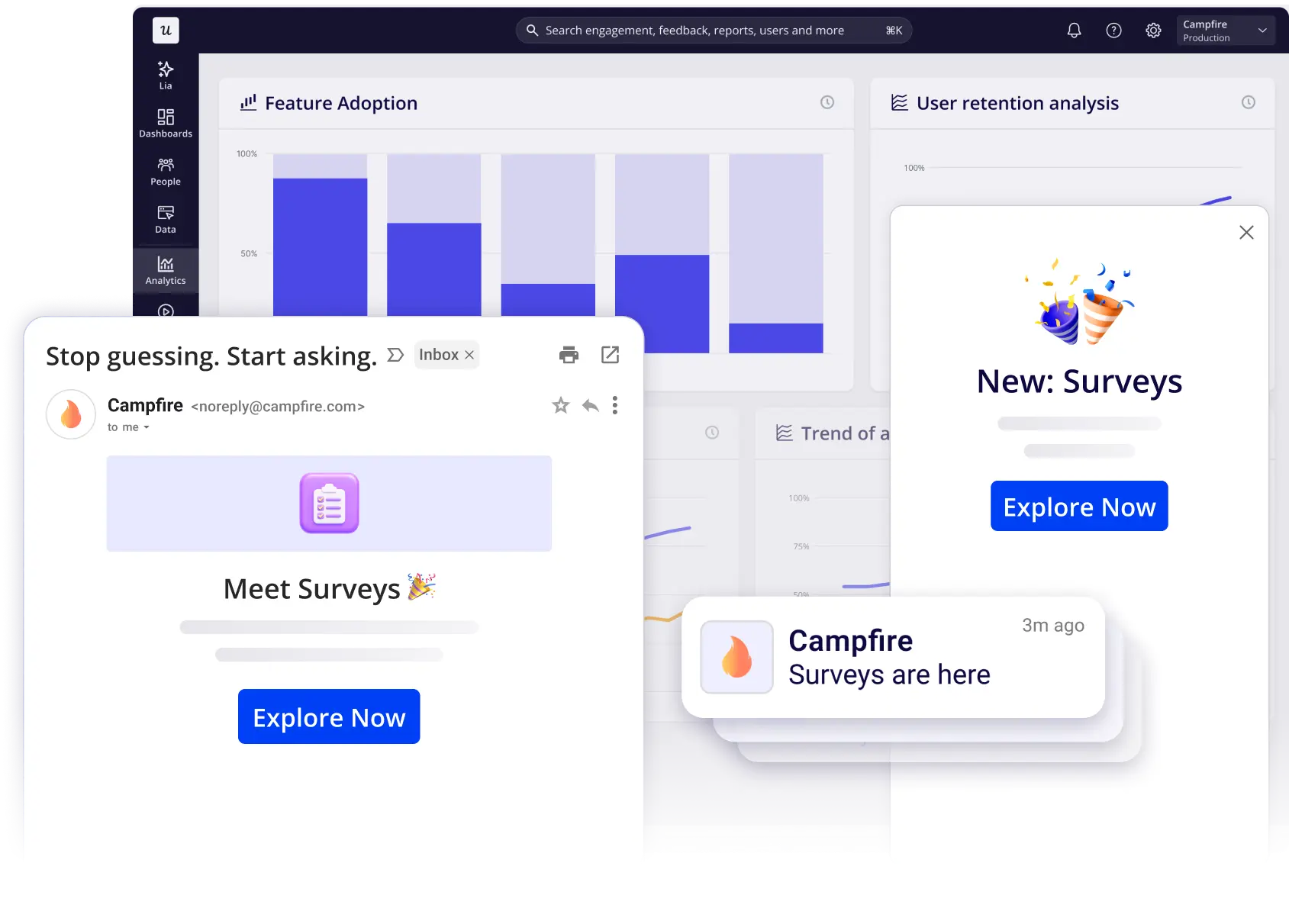 Userpilot feature announcements, emails and push notifications driving product adoption